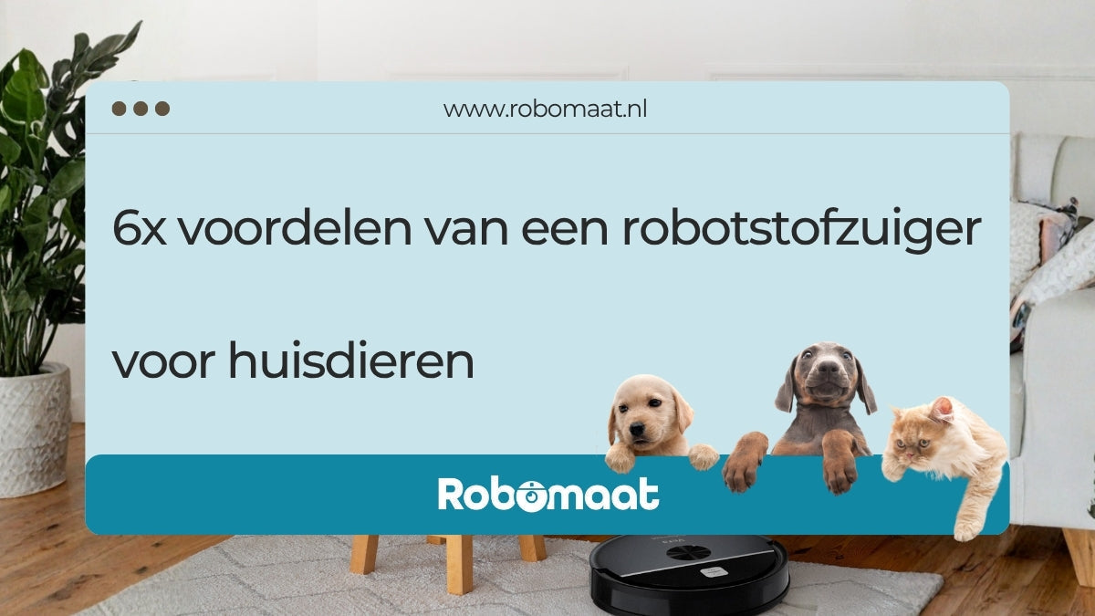 Afbeelding van een robotstofzuiger met dweilfunctie, met de tekst ‘6x voordelen van een robotstofzuiger voor huisdieren’ en drie huisdieren ervoor.