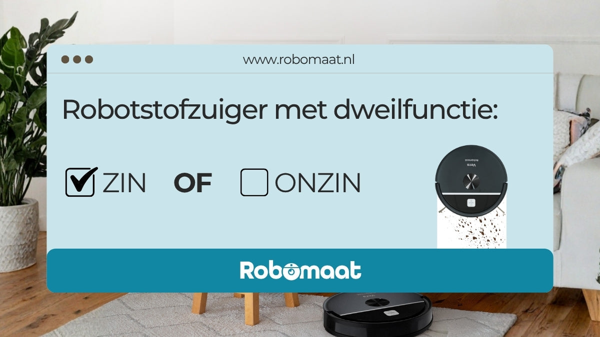 Illustratie van een robotstofzuiger met dweilfunctie naast de tekst “Robotstofzuiger met dweilfunctie: zin of onzin?” op de website van Robomaat.