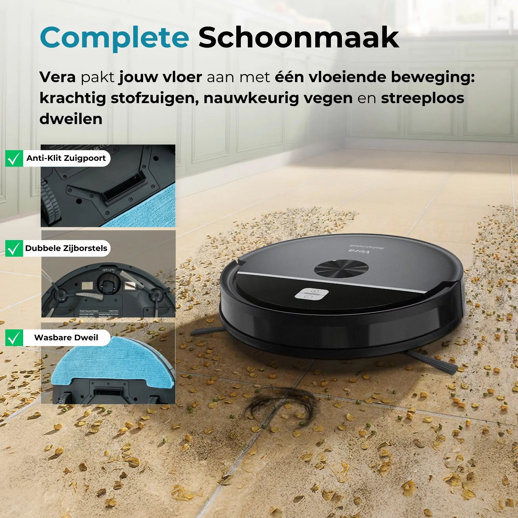 Overzicht van functies van Vera robotstofzuiger in pictogrammen