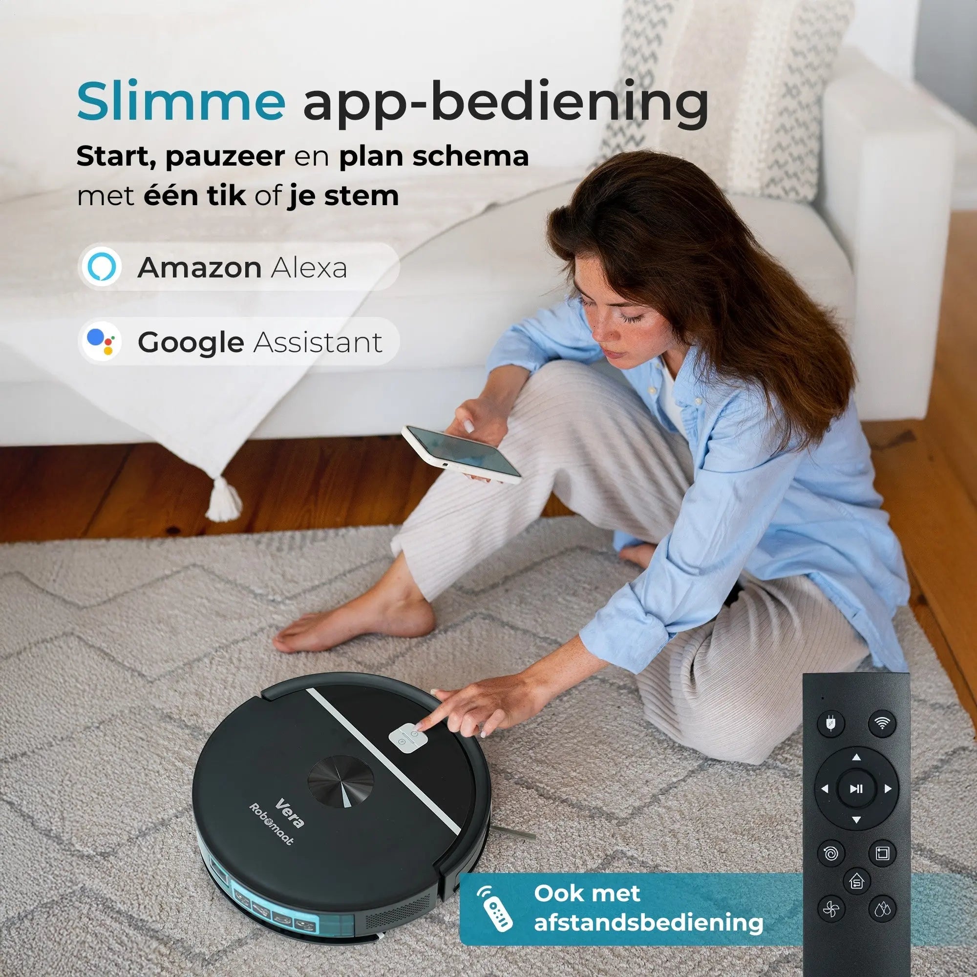 Vrouw bestuurt Vera robotstofzuiger via slimme app-bediening