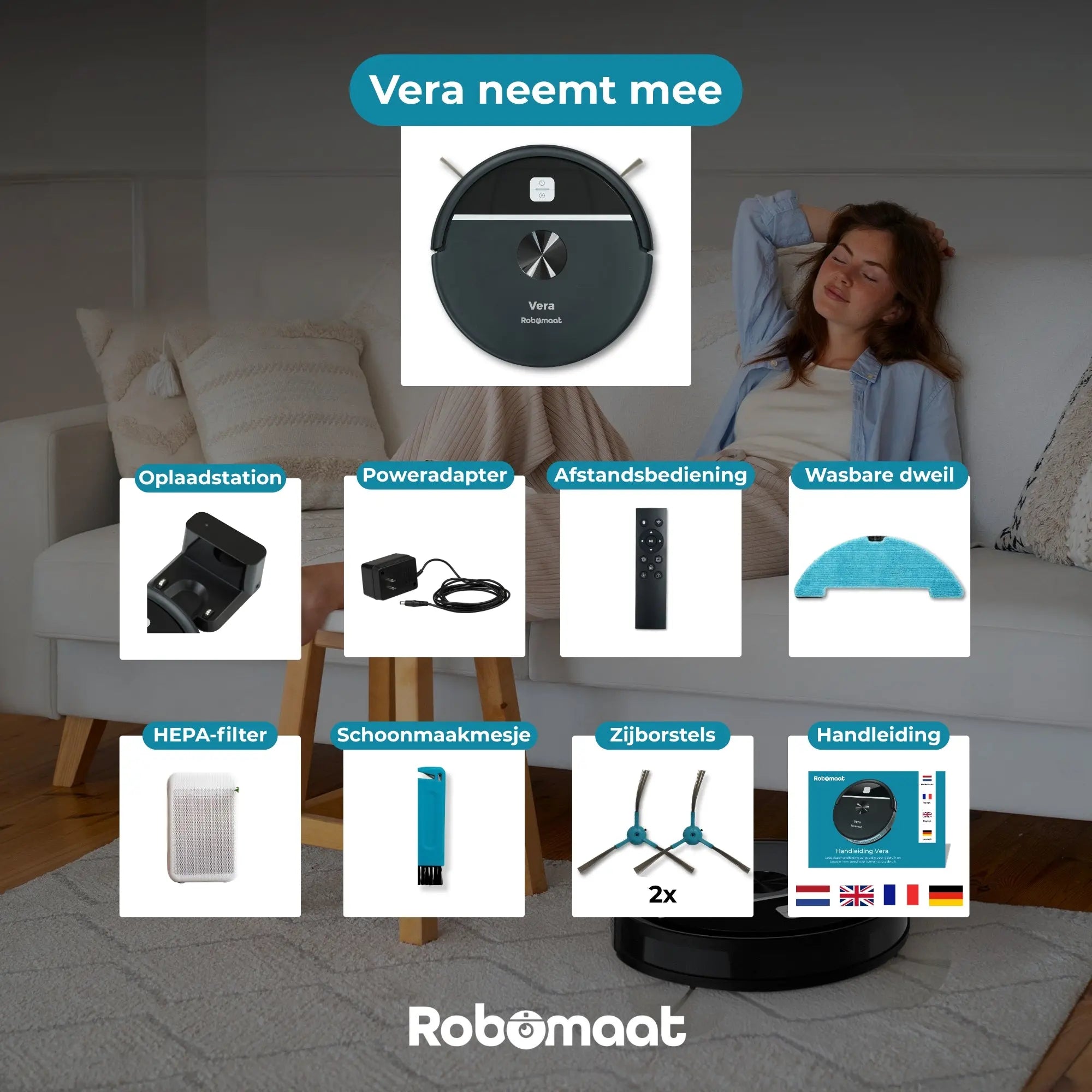 Inhoud van de Vera robotstofzuiger set: HEPA-filter, zijborstels, dweil en accessoires
